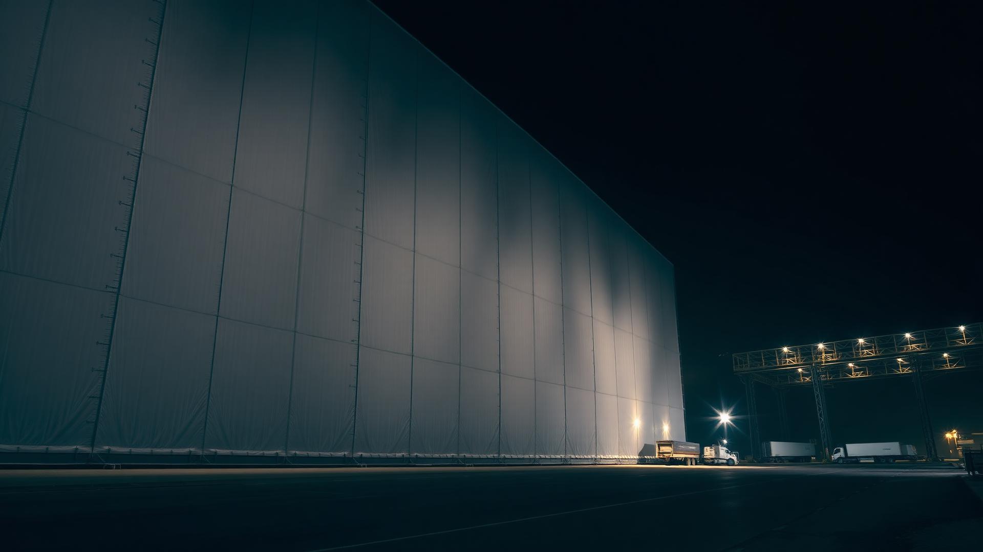 Galpão lonado de grande porte em perspectiva durante a noite